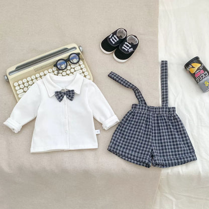 Spring and Autumn Baby Kids Boys Butterfly-bow Decorated Shirt and Sleeveless Plaid Strap Overalls Clothing Set