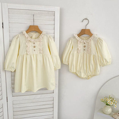 Autumn Baby Girls French Style Flowers Embroidered Pattern Long-sleeved Onesies and Dress – Princess Sister Matching Set