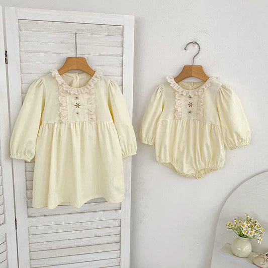 Autumn Baby Girls French Style Flowers Embroidered Pattern Long-sleeved Onesies and Dress – Princess Sister Matching Set