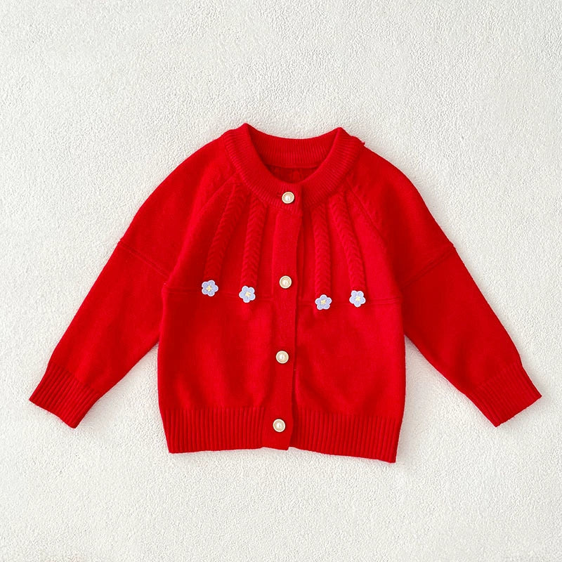Autumn Arrival Baby Girls Comfortable Flowers Pattern Knitted Long Sleeves Cardigan