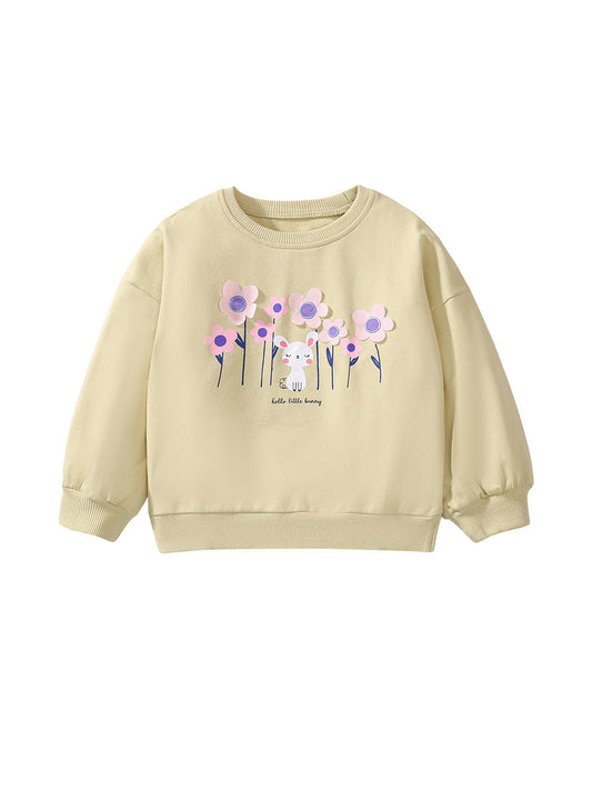 Autumn Warm Baby Kids Girls Cartoon Rabbit And Flowers Pattern Pullover Clothing Long Sleeves Top Sweatshirt-0