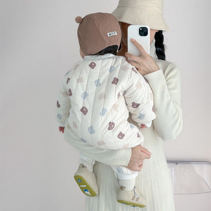 Autumn and Winter Arrival Unisex Baby’s Teddy Printed Fleece-lined and Thickened Rompers for Warmth