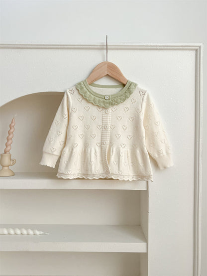 Autumn Arrival Baby Kids Girls Comfortable Hollow-out Design Knitted Long Sleeves Top with Heart Pattern and Collar-1