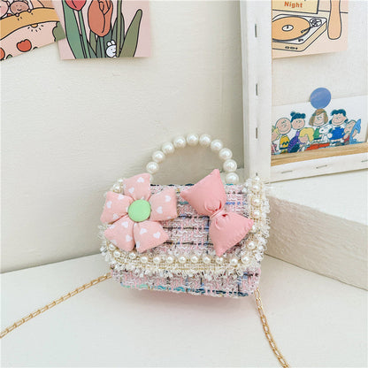 Fashionable And Versatile Carry-On Girls’ Portable 3D Flower And Bow Canvas Crossbody Handbag