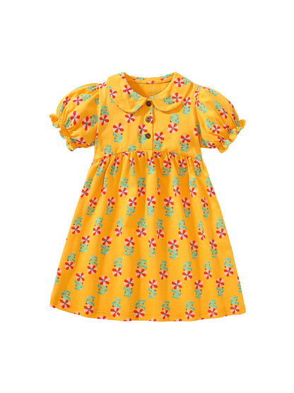 Baby Kids Girls Peter Pan Collar Floral Design Short Sleeves Dress