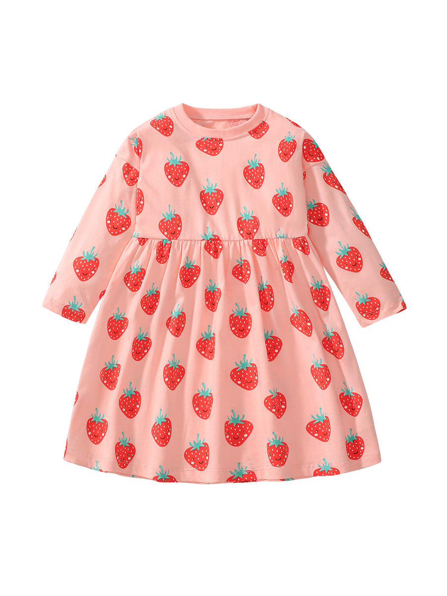 Arrival Autumn Girls Long Sleeves Cartoon Strawberry Fruits Pattern Crew Neck Dress-0