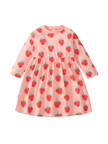 Arrival Autumn Girls Long Sleeves Cartoon Strawberry Fruits Pattern Crew Neck Dress-0