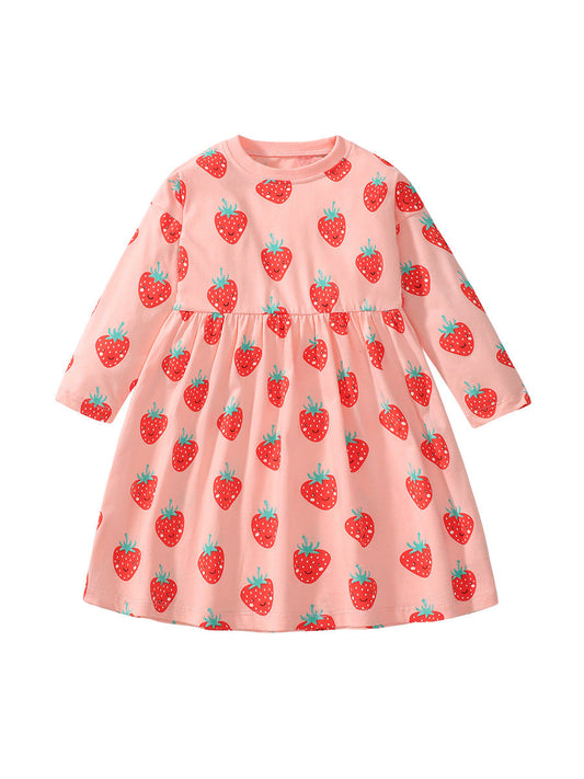 Arrival Autumn Girls Long Sleeves Cartoon Strawberry Fruits Pattern Crew Neck Dress-0