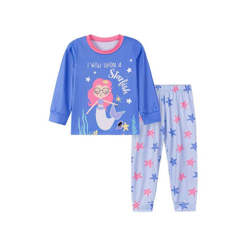 Spring and Autumn Baby Kids Girls Marine Cartoon Pattern Long Sleeves Top and Pants Casual Pajamas Clothing Set