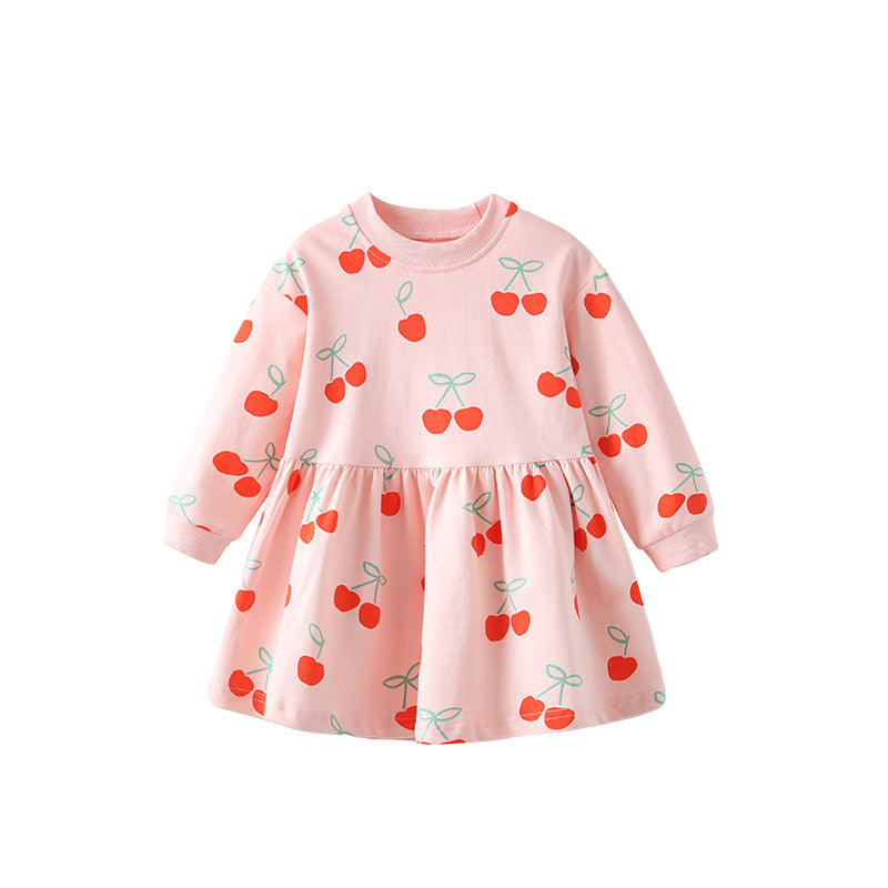 Autumn Arrival Kids Girls Cherry Pattern Long Sleeves Crew Neck Dress