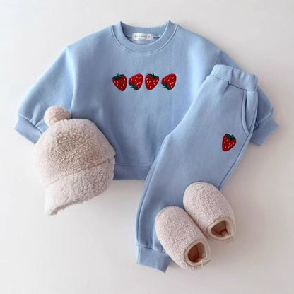 Autumn Baby Kids Unisex Casual Strawberry Embroidered Pattern Long Sleeves Top Pullover and Pants Clothing Set