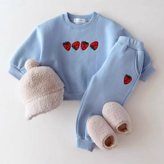 Autumn Baby Kids Unisex Casual Strawberry Embroidered Pattern Long Sleeves Top Pullover and Pants Clothing Set