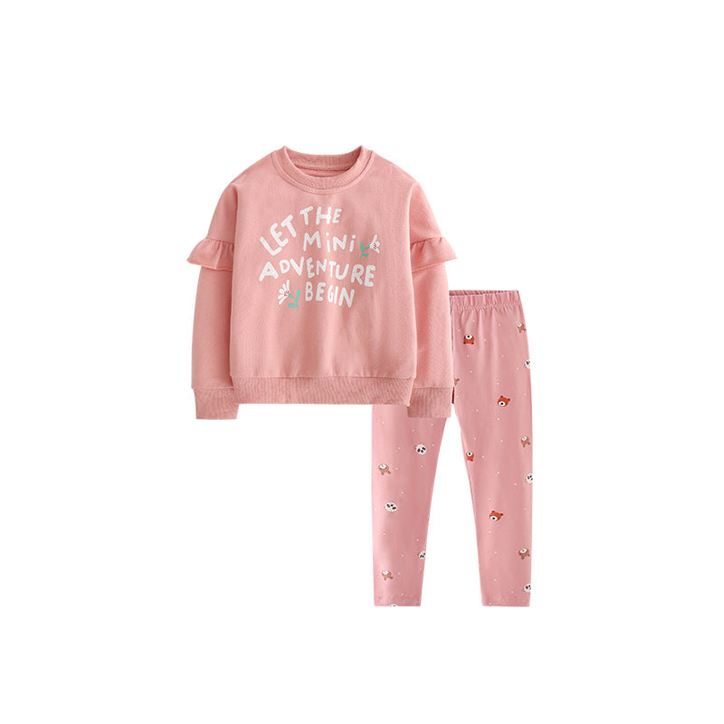 Spring and Autumn Girls Letters Pattern Long Sleeves Pullover and Cartoon Pants Clothing Set-0