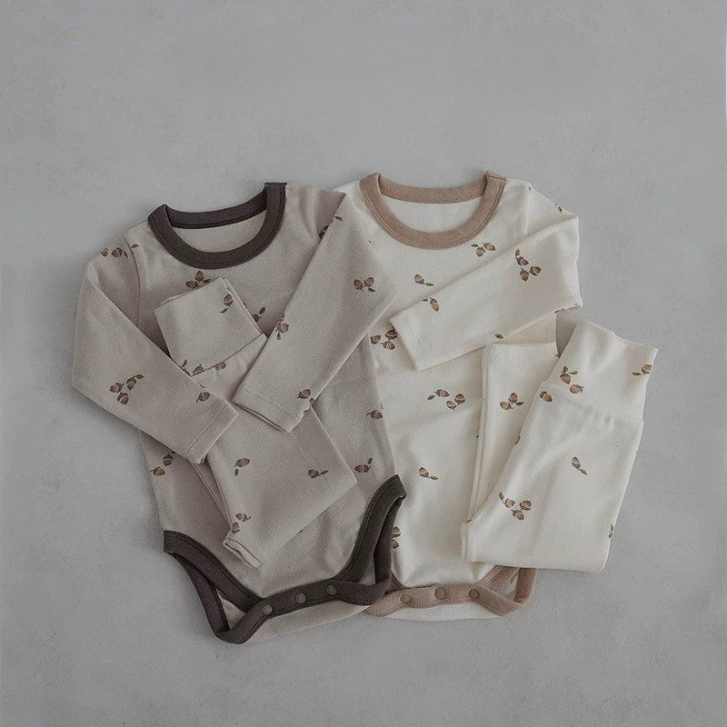 Autumn Arrival Baby Unisex Long Sleeves Simple Fruits Pattern Onesies and Pants Sets
