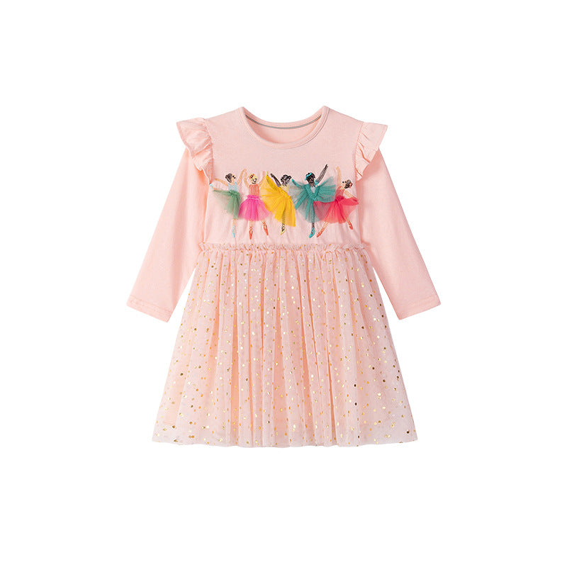Autumn and Spring Arrival Princess Cartoon Pattern Long Sleeves Tulle Patchwork Dress for Stylish Girls