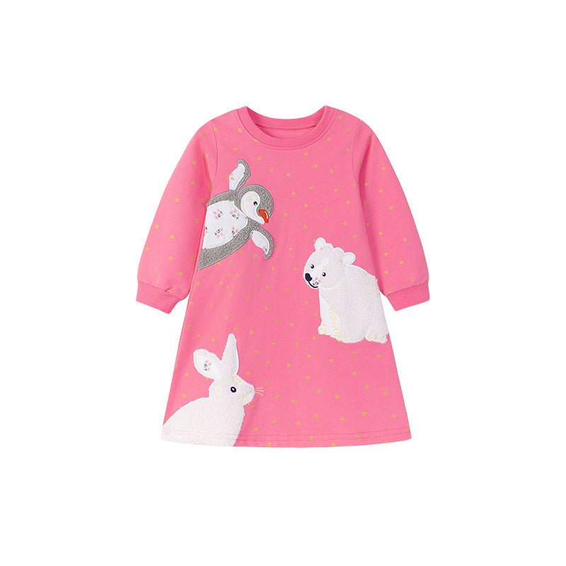 Autumn and Spring Arrival Stars and Animals Cartoon Pattern Long Sleeves Dress for Stylish Girls