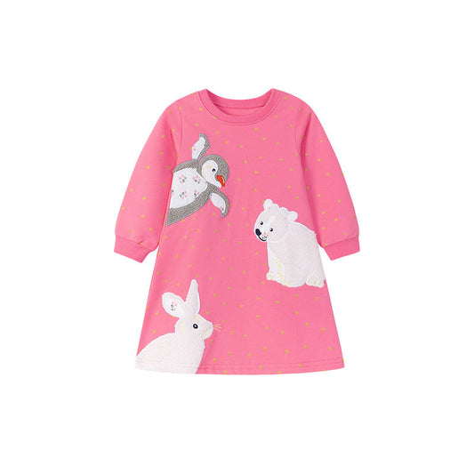 Autumn and Spring Arrival Stars and Animals Cartoon Pattern Long Sleeves Dress for Stylish Girls