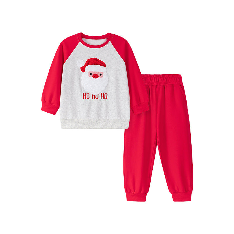 Spring and Autumn Boys Christmas Cartoon Pattern Long Sleeves Color Patchwork Sweatshirt and Pants Clothing Set