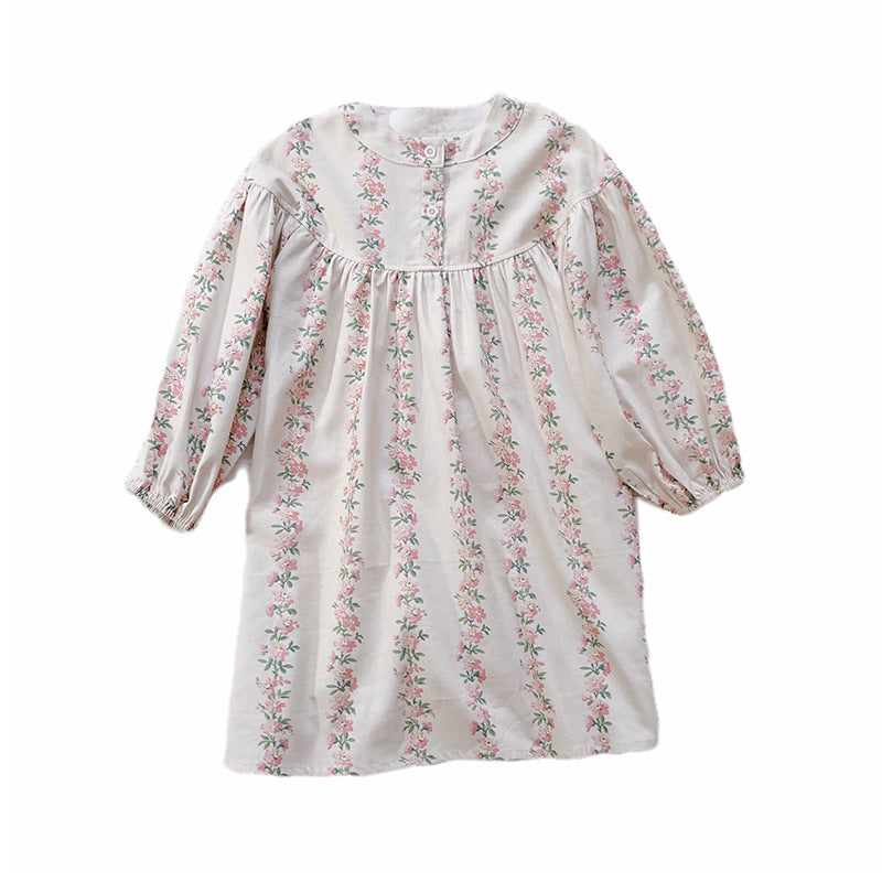 Arrival Autumn Girls Cute Flowers Striped Pattern Long Sleeves Crew Neck Loose Dress