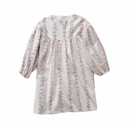 Arrival Autumn Girls Cute Flowers Striped Pattern Long Sleeves Crew Neck Loose Dress