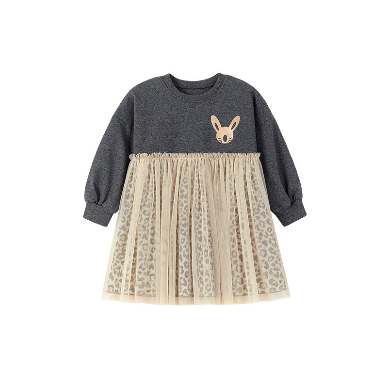 Autumn and Spring Arrival Princess Animals Pattern Long Sleeves Tulle Decorated Dress for Stylish Girls