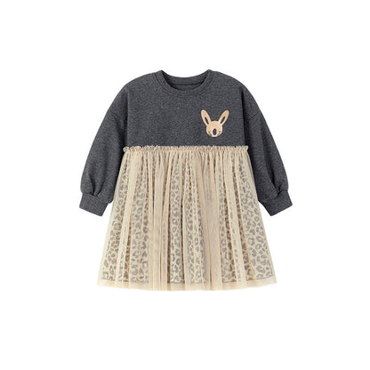 Autumn and Spring Arrival Princess Animals Pattern Long Sleeves Tulle Decorated Dress for Stylish Girls