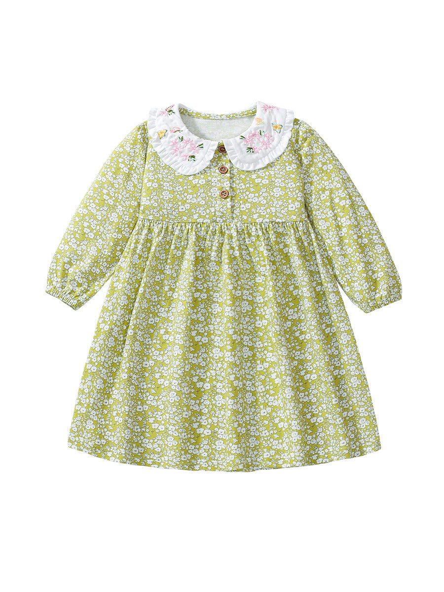 Arrival Autumn Girls Floral Print Embroidered Peter Pan Collar Long Sleeves Princess Dress
