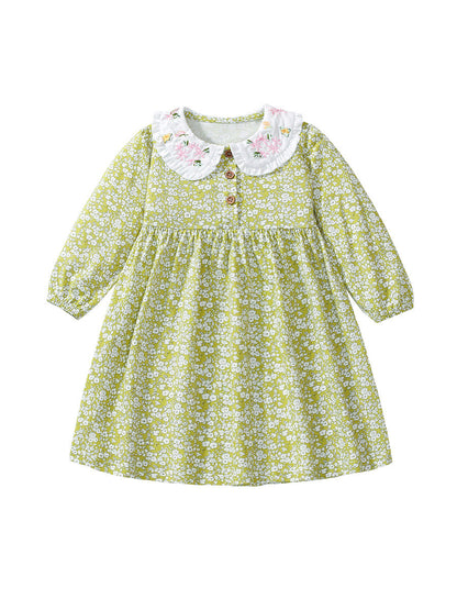 Arrival Autumn Girls Floral Print Embroidered Peter Pan Collar Long Sleeves Princess Dress