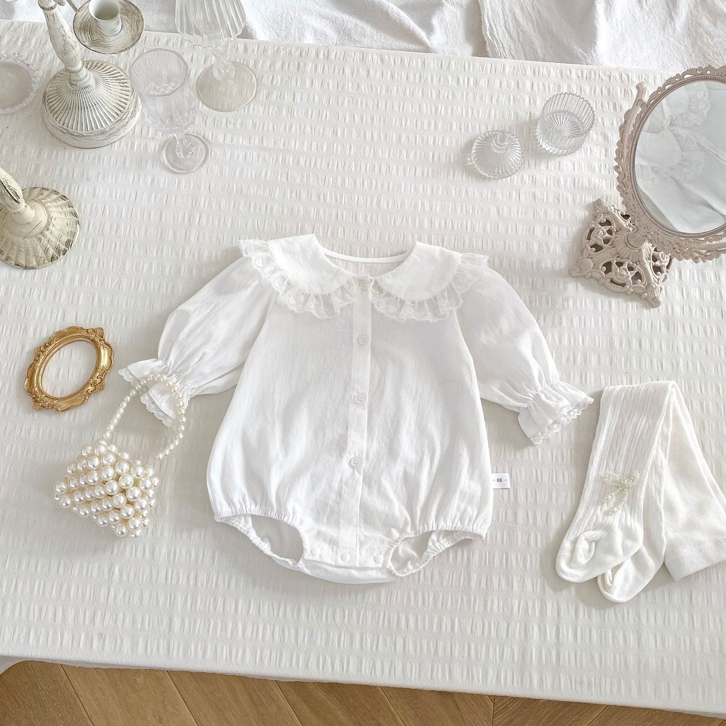 Spring Arrival Baby Girls Long Sleeves Floral Embroidered Lace Trim Collar Onesies Bodysuits