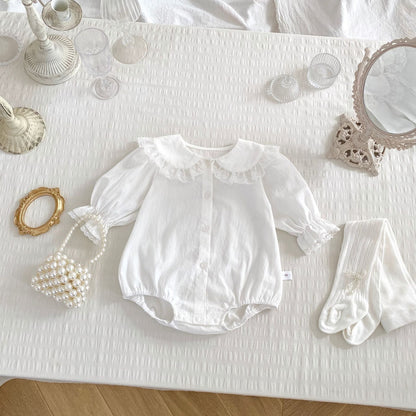 Spring Arrival Baby Girls Long Sleeves Floral Embroidered Lace Trim Collar Onesies Bodysuits