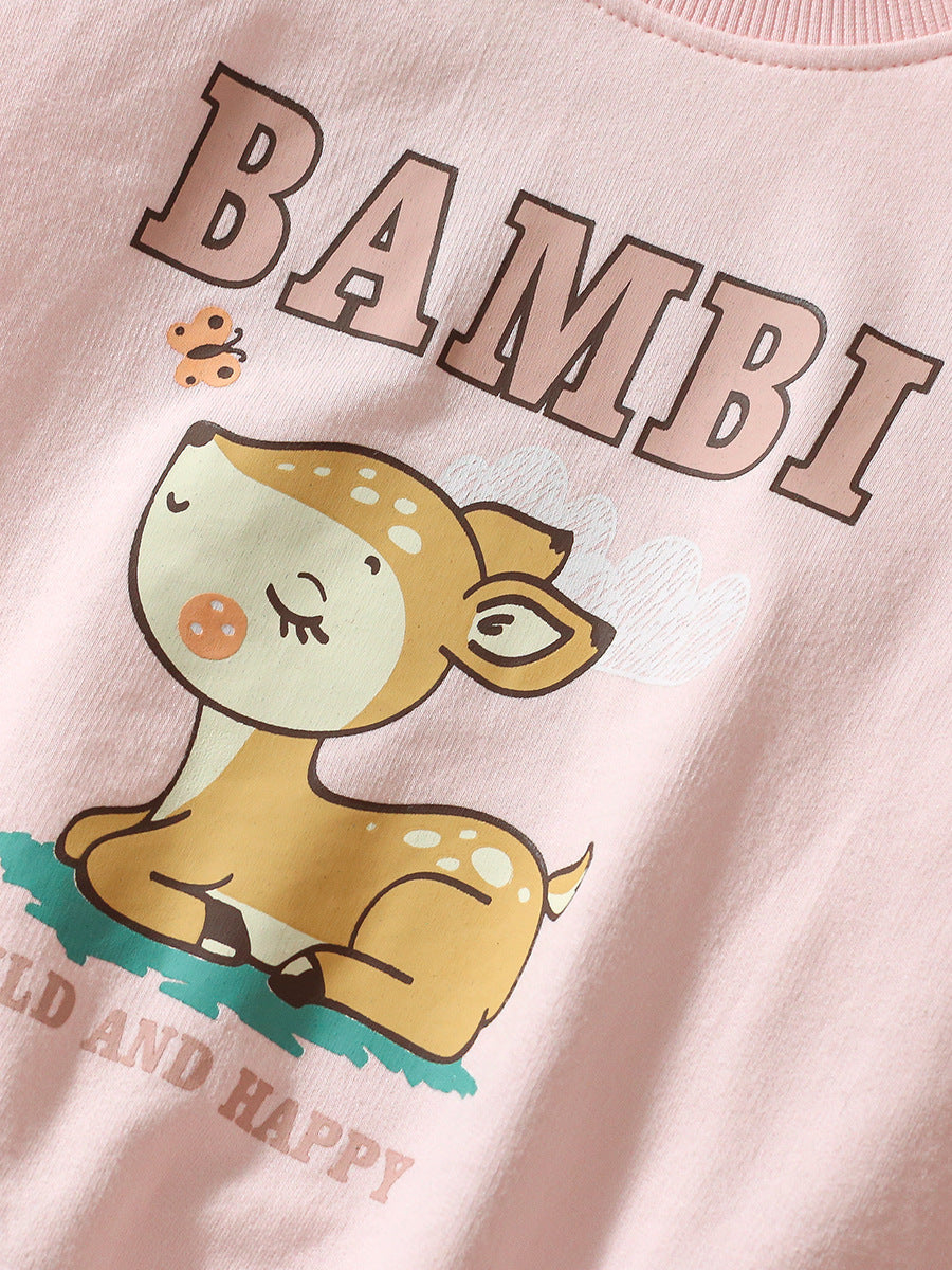 Spring And Autumn Girls Cute Cartoon Little Bambi Print Top Sweatshirt And Solid Color Pants