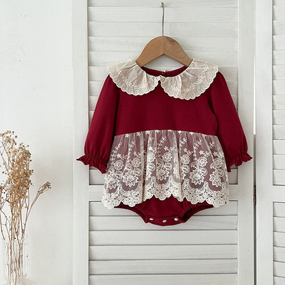 Autumn Arrival Baby Girls Long Sleeves Hollow-out Collar Tulle Patchwork Onesies