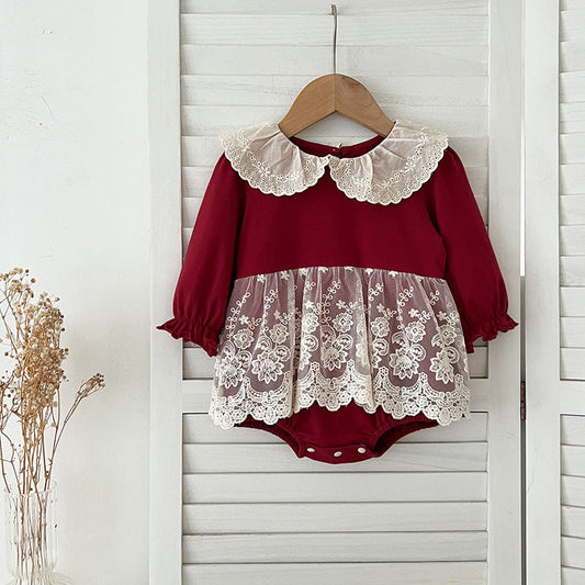 Autumn Arrival Baby Girls Long Sleeves Hollow-out Collar Tulle Patchwork Onesies
