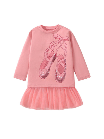 Girls’ Cartoon Dancing Shoes Long Sleeves T-Shirt Dress In European And American Style For Autumn-0