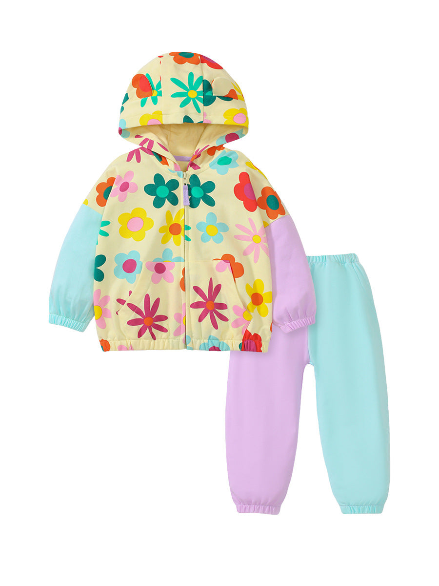 High Quality Spring And Autumn Girls Colorful Flowers Pattern Color Patchwork Long Sleeves Top Hoodie And Pants Clothing Set-0