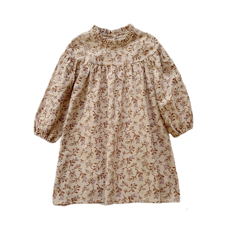 Arrival Autumn Girls Vintage Flowers Pattern Long Sleeves Ruffle Neck Dress-4