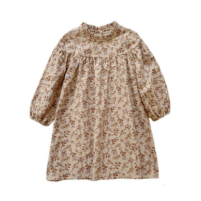 Arrival Autumn Girls Vintage Flowers Pattern Long Sleeves Ruffle Neck Dress-4