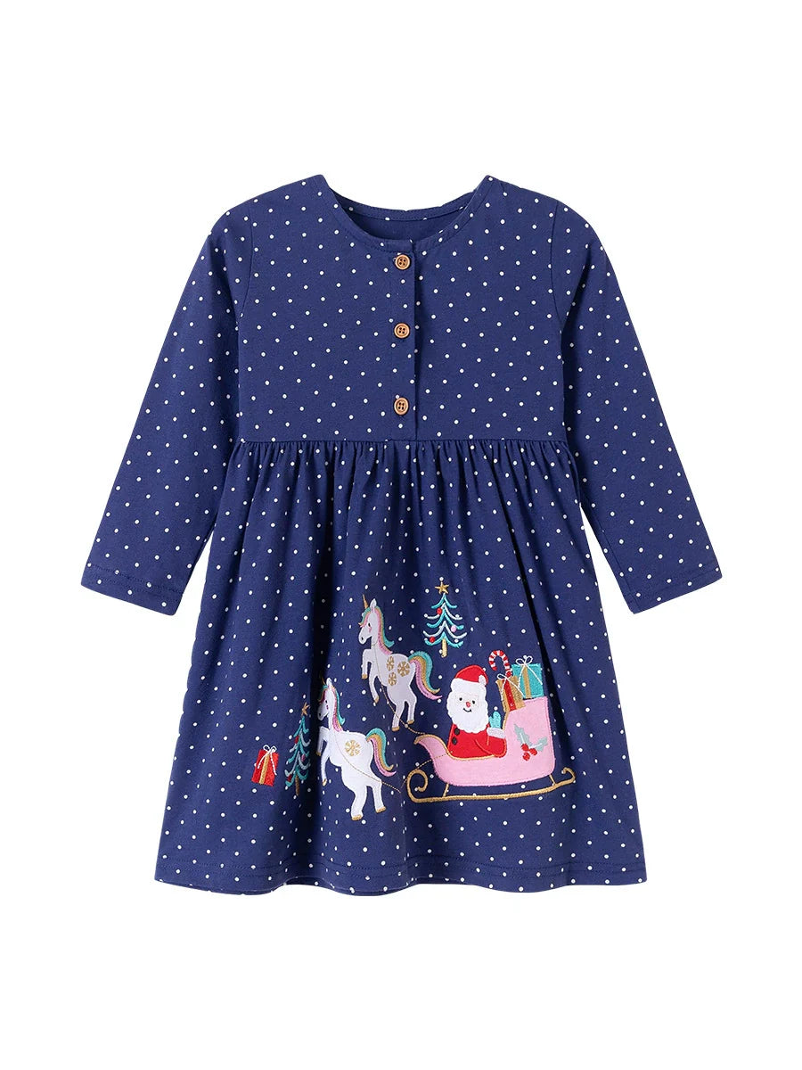 Autumn and Spring Arrival Christmas Cartoon and Dots Pattern Long Sleeves Crew Neck Dress for Stylish Girls