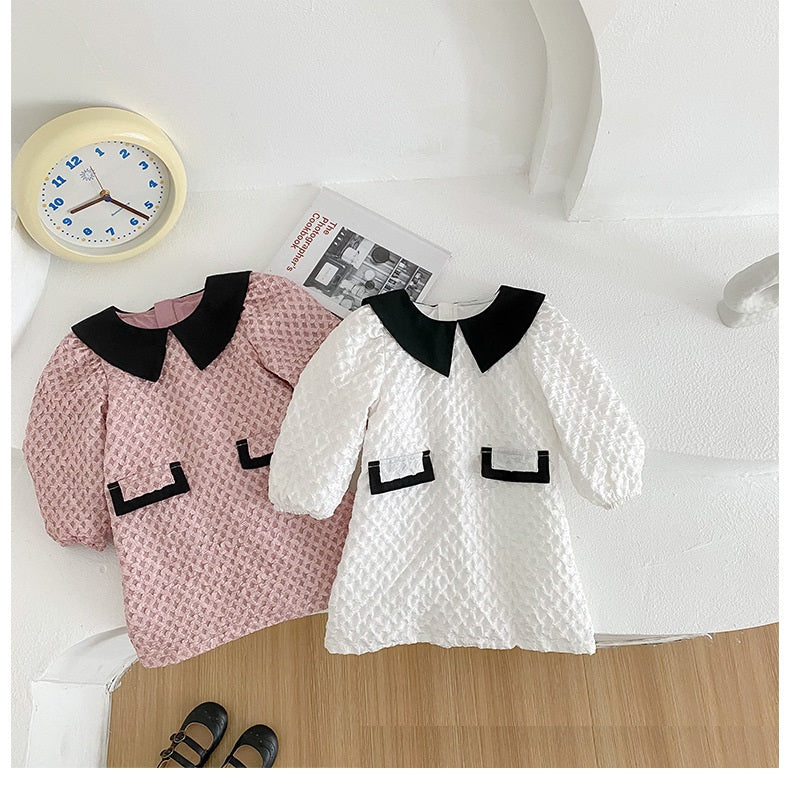 Arrival Autumn Girls French Fashion Argyle Pattern Long Sleeves Dress with Collar
