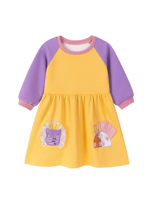 Autumn and Winter Arrival Cartoon Pattern Color Patchwork Long Sleeves Crew Neck Dress for Stylish Girls