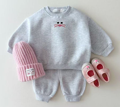 Autumn Baby Kids Unisex Casual Cartoon Face Embroidered Pattern Long Sleeves Top Pullover and Pants Clothing Set
