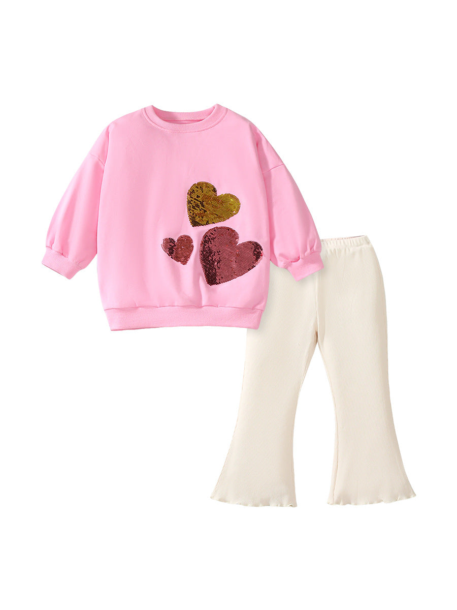 Arrival Spring And Autumn Girls Fashion Sequin Heart Long Sleeves Top T-Shirt And Flared Pants Clothing Set-0