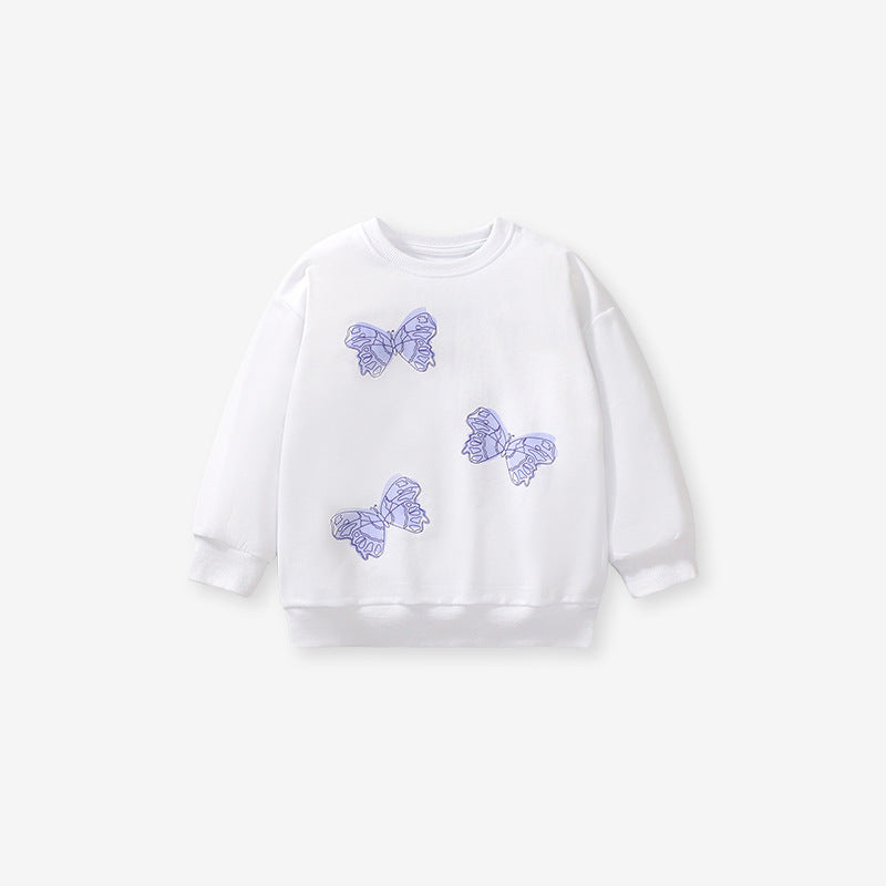 Autumn Baby Kids Girls Purple Butterfly Pattern White Pullover Clothing Long Sleeves Top Sweatshirt
