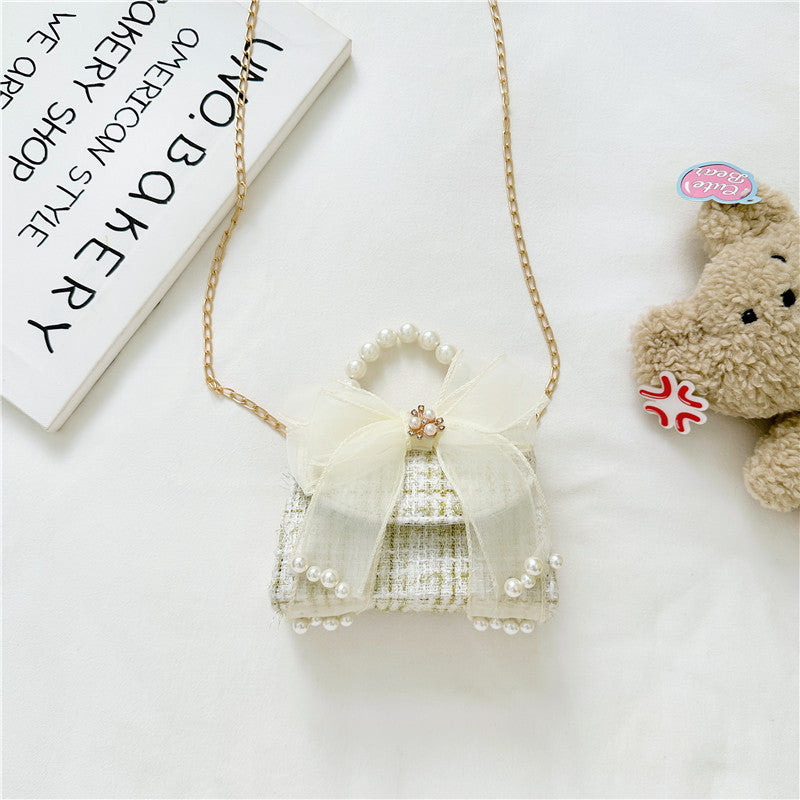Fashionable Plaid Carry-On Girls’ Portable Mesh Bow Beaded Crossbody Handbag
