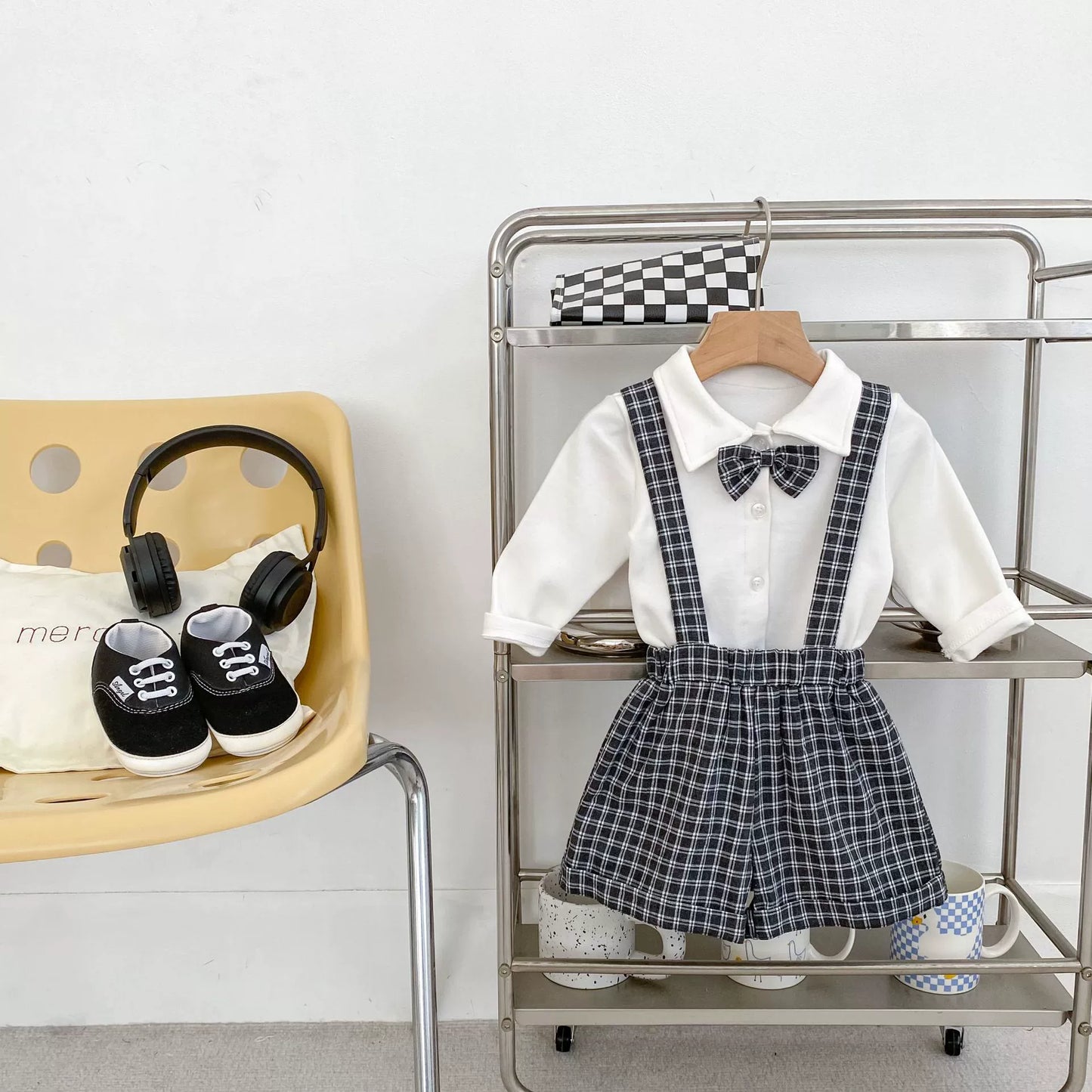 Spring and Autumn Baby Kids Boys Butterfly-bow Decorated Shirt and Sleeveless Plaid Strap Overalls Clothing Set