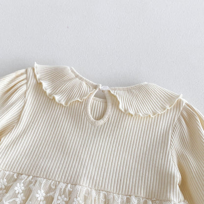 Spring Arrival Baby Girls Cute Floral Embroidered Tulle Long Sleeves Onesies