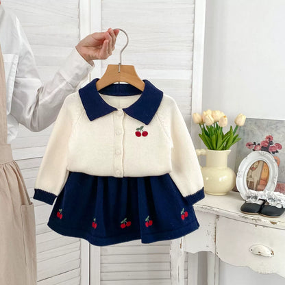 Spring and Autumn Kids Girls Cherry Embroidered Pattern Long Sleeves Knitted Cardigan and Skirt Clothing Set