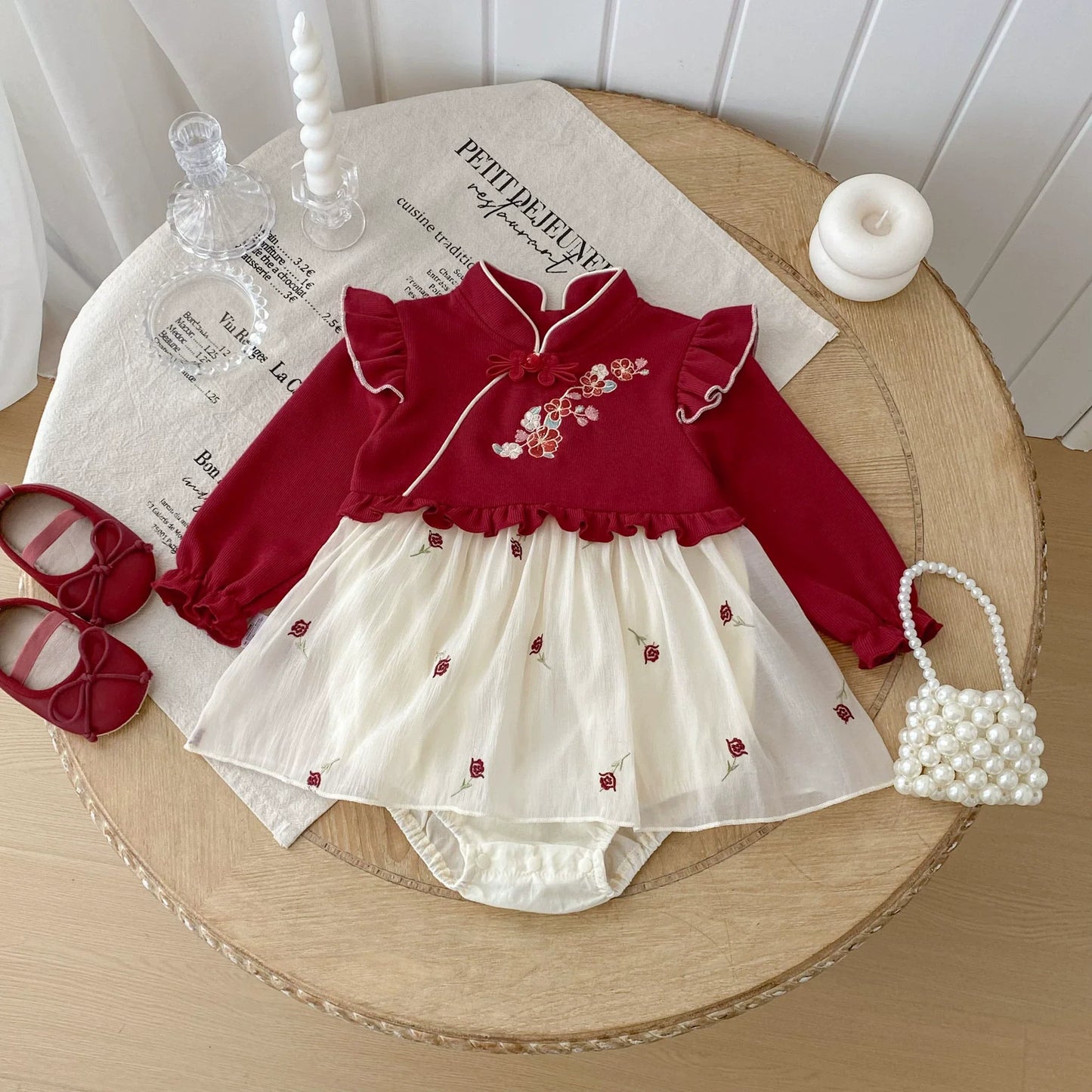 Autumn Arrival Baby Girls Long Sleeves Flowers Embroidered Pattern Color Patchwork Onesies