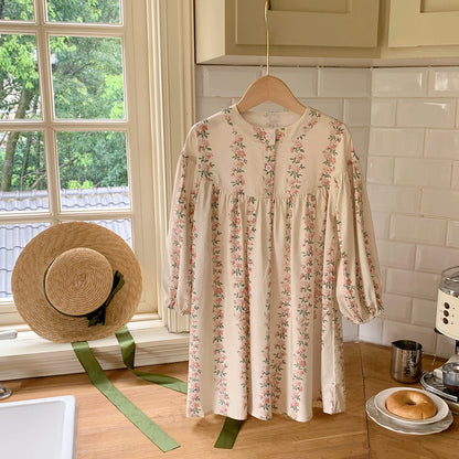 Arrival Autumn Girls Cute Flowers Striped Pattern Long Sleeves Crew Neck Loose Dress