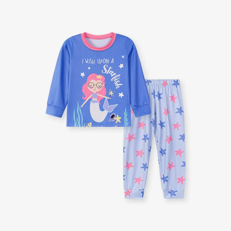Spring and Autumn Baby Kids Girls Marine Cartoon Pattern Long Sleeves Top and Pants Casual Pajamas Clothing Set